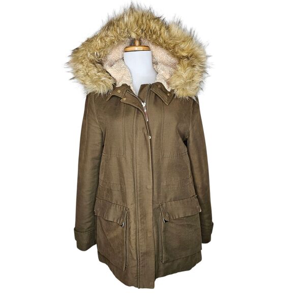 Zara Trafaluc Parka Coat Khaki Faux Fur Hood Lined Winter Utility Jacket Sz M - Picture 1 of 12